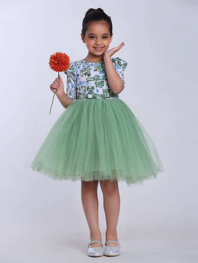 girls printed puff sleeve fit & flare dress