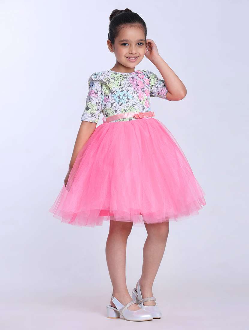 girls printed puff sleeve fit & flare dress