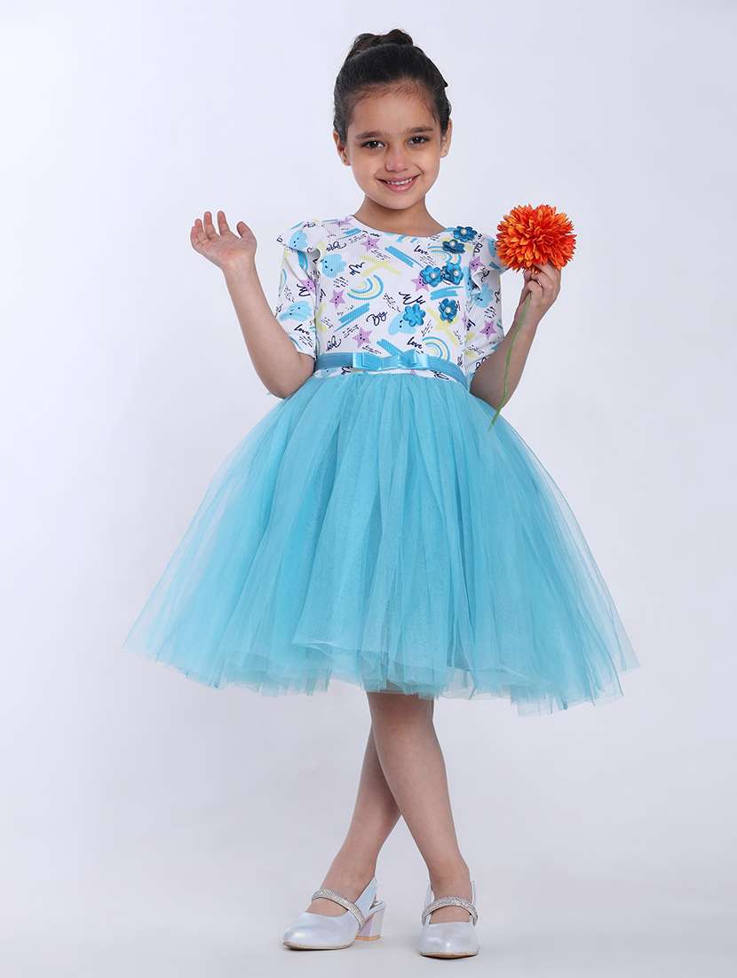 girls printed puff sleeve fit & flare dress