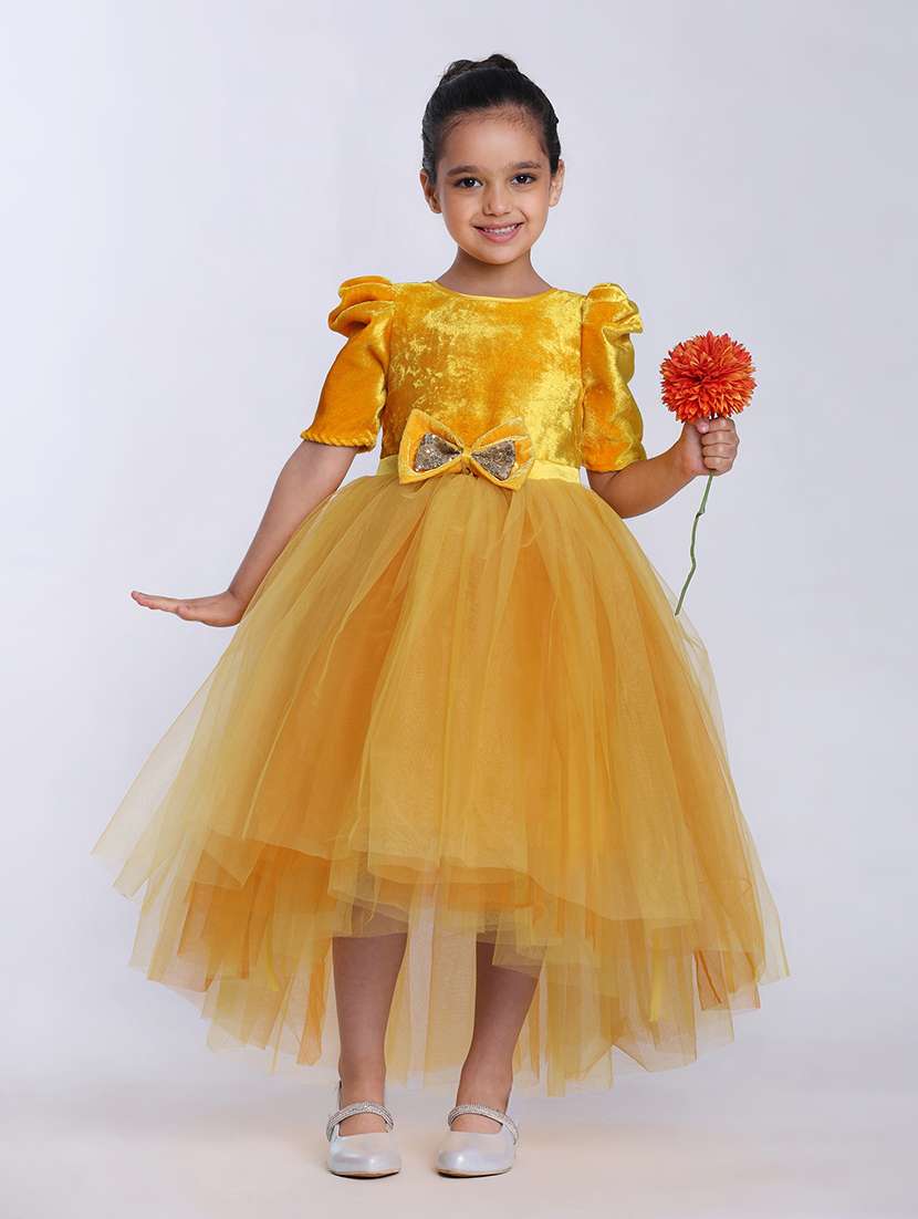 girls self designed puff sleeve high low dress