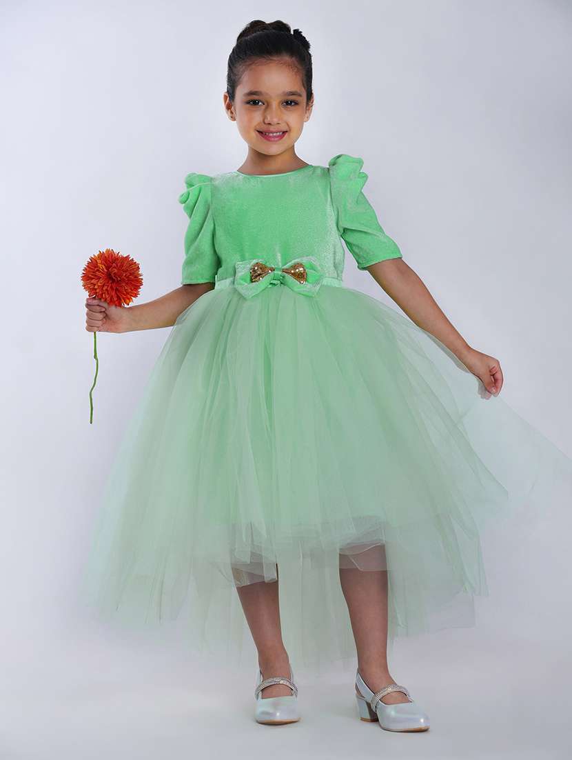 girls self designed puff sleeve high low dress
