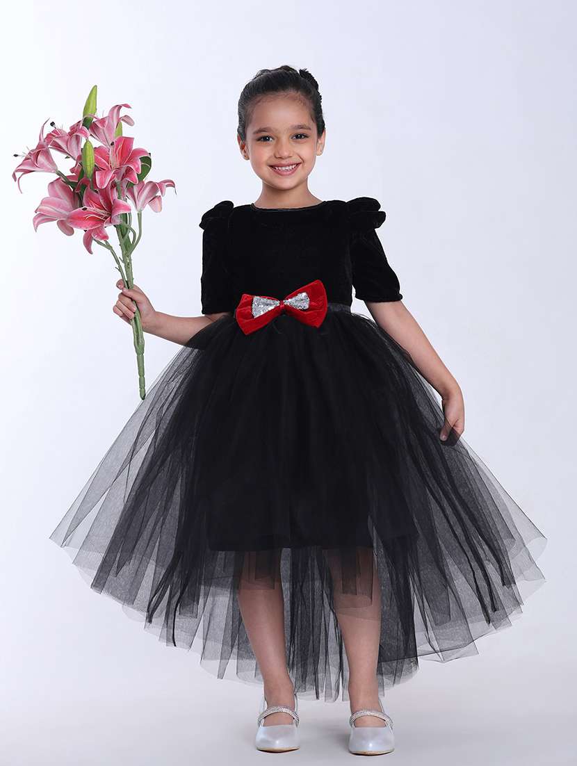 girls self designed puff sleeve high low dress