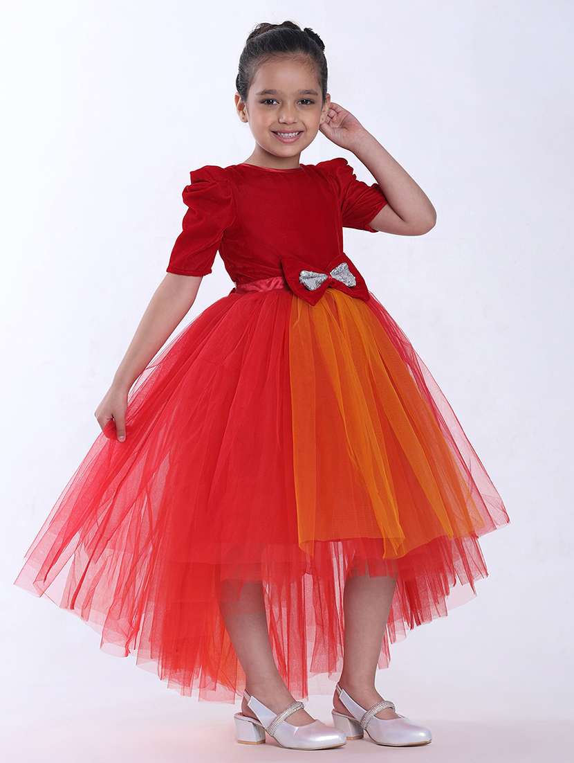 girls self designed puff sleeve high low dress