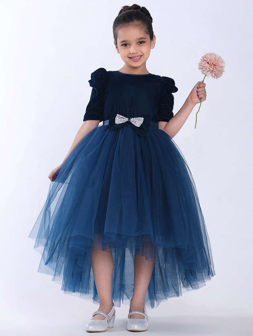 girls self designed puff sleeve high low dress