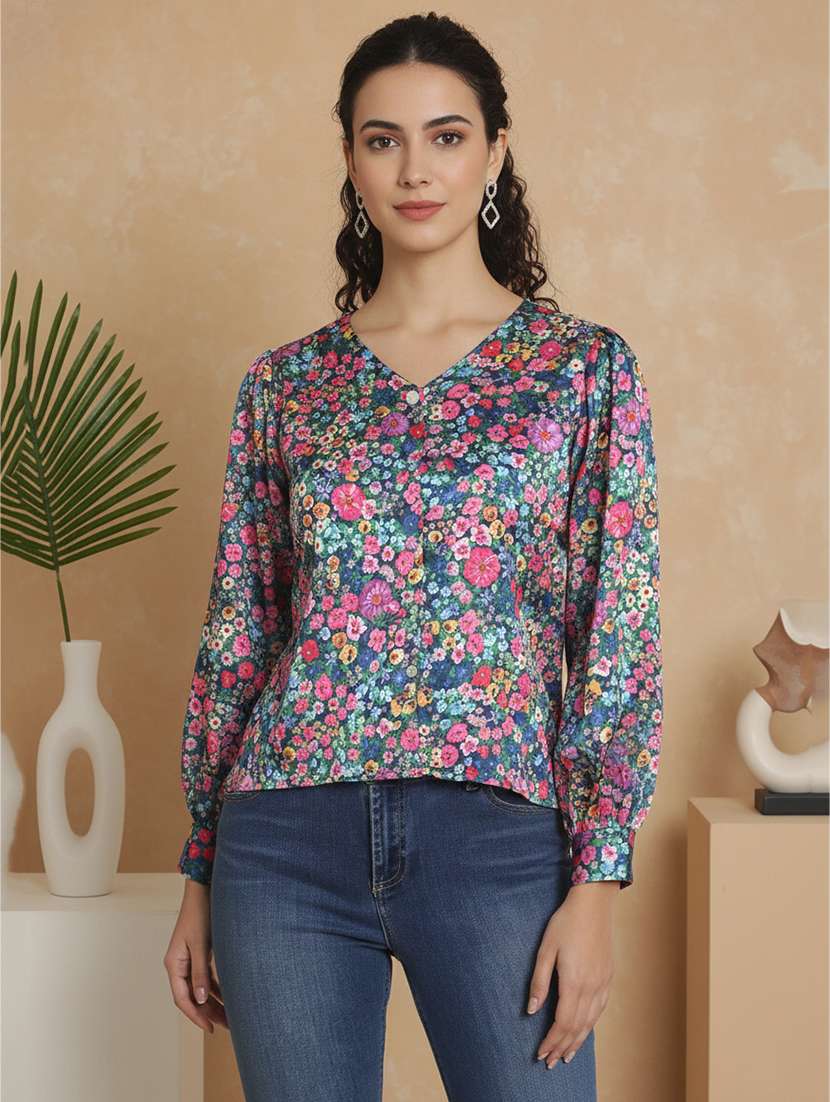women floral print bishop sleeve top
