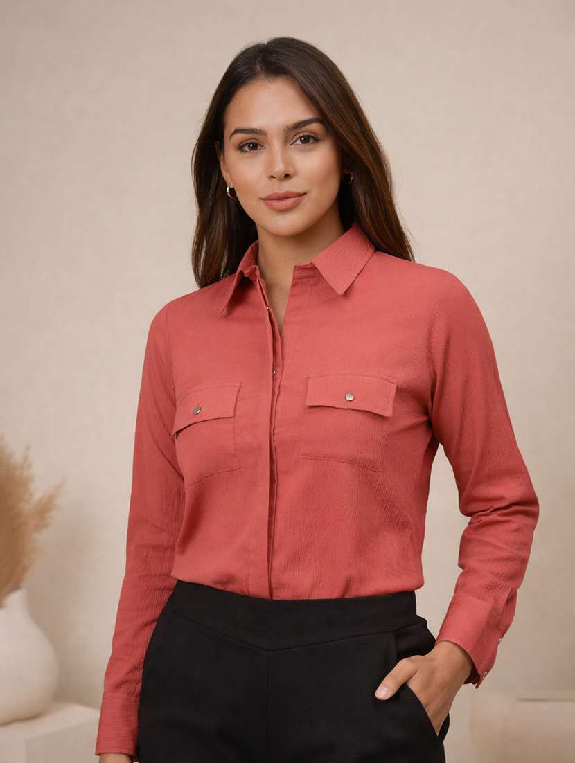 women solid collared long sleeve shirt