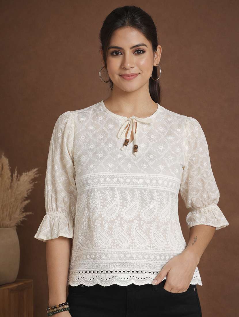 women embroidered puff sleeve straight top