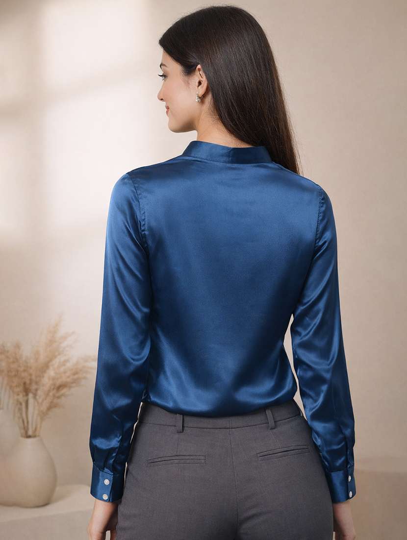women solid mandarin neck long sleeve shirt - 22357993 -  Standard Image - 3