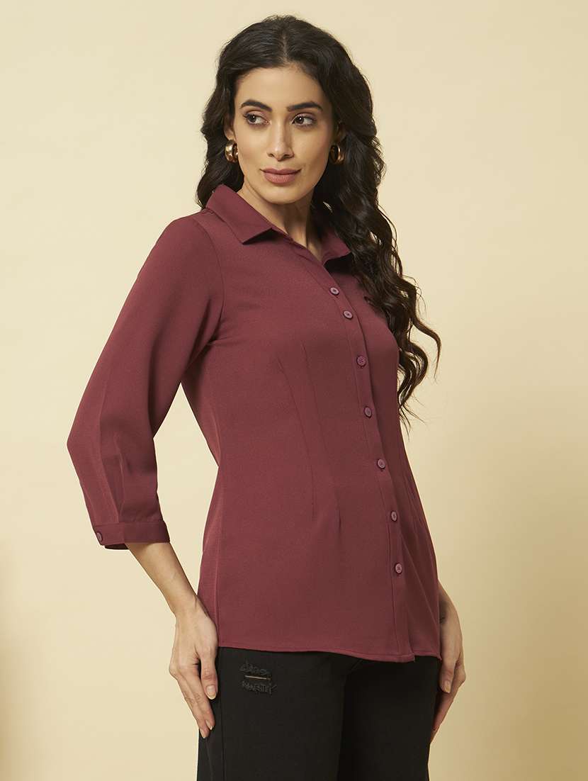 women solid collared three quarter sleeve shirt - 22357999 -  Standard Image - 3