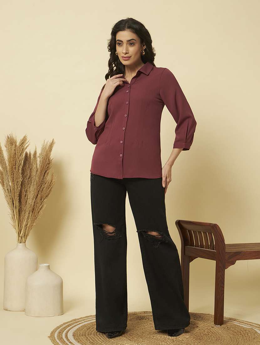 women solid collared three quarter sleeve shirt - 22357999 -  Standard Image - 5