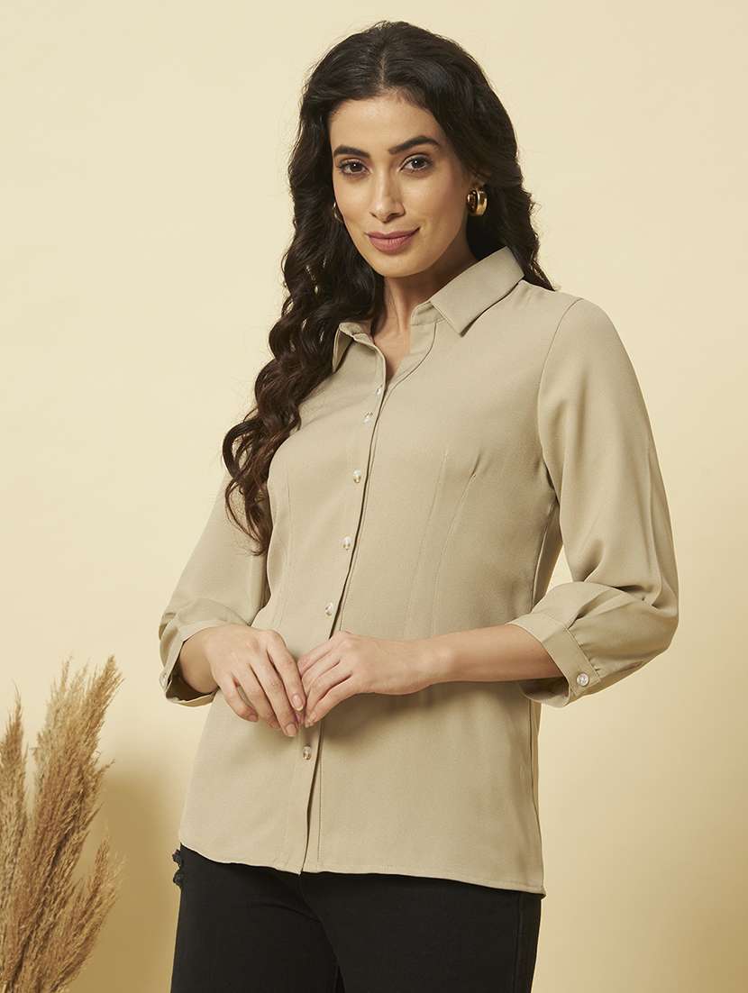 women solid collared three quarter sleeve shirt - 22358000 -  Standard Image - 3