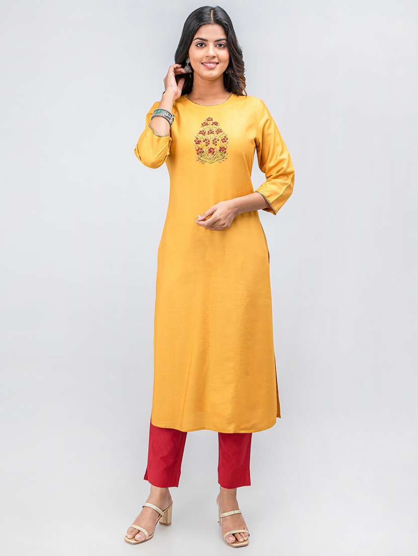 women solid with work three quarter sleeve straight kurta
