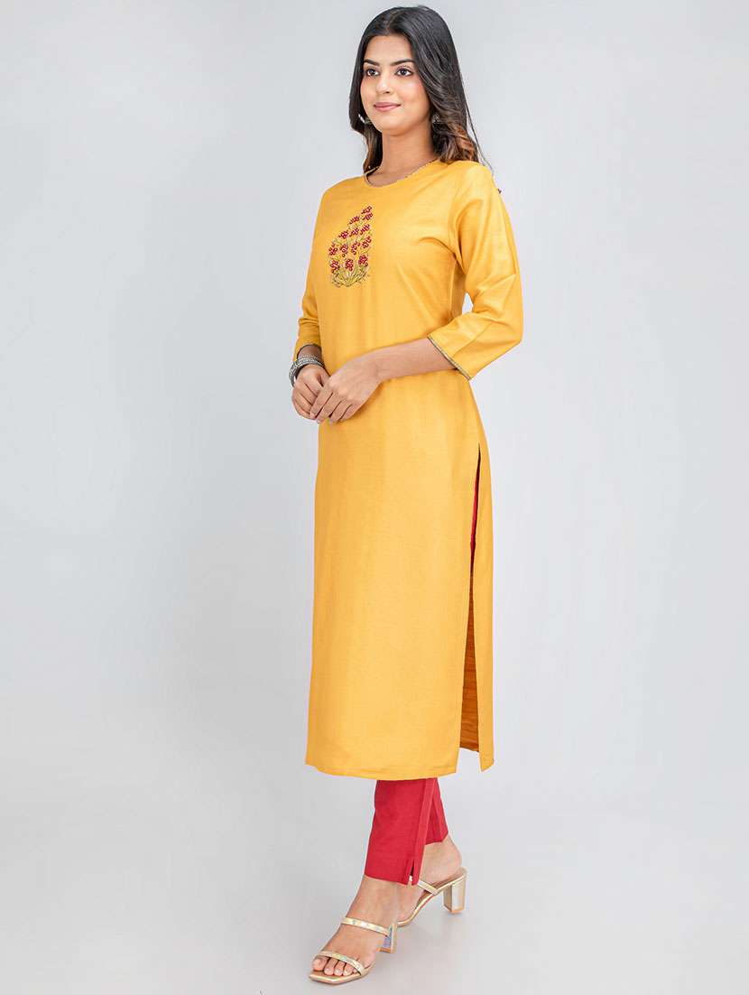 women solid with work three quarter sleeve straight kurta - 22358066 -  Standard Image - 3