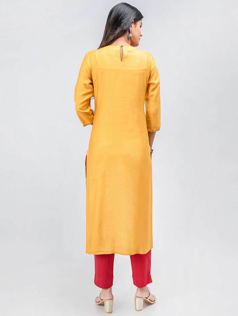 women solid with work three quarter sleeve straight kurta - 22358066 -  Standard Image - 5