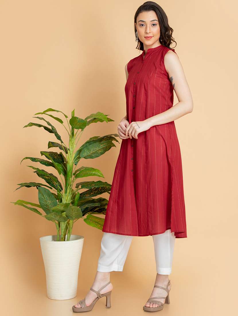 women striped sleeveless a-line kurta - 22358070 -  Standard Image - 3
