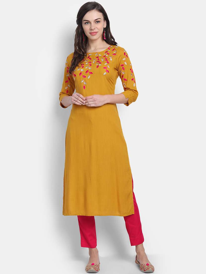 women solid with work three quarter sleeve straight kurta
