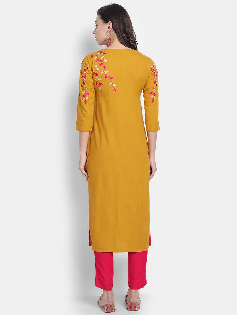 women solid with work three quarter sleeve straight kurta - 22358083 -  Standard Image - 3