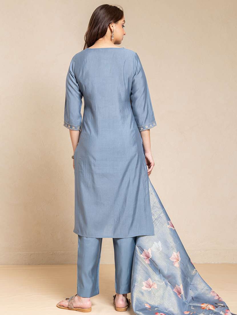 women solid with work three quarter sleeve kurta pant with dupatta set - 22358102 -  Standard Image - 5