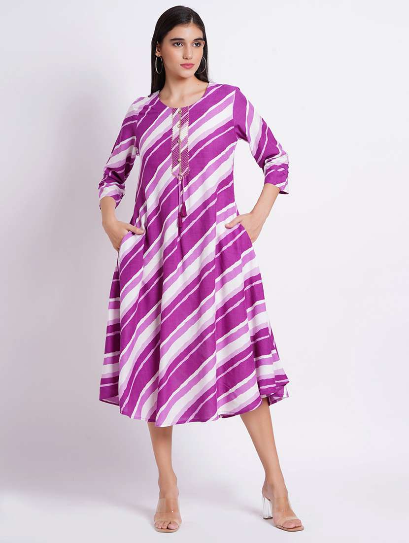 women leheriya three quarter sleeve a-line ethnic dress
