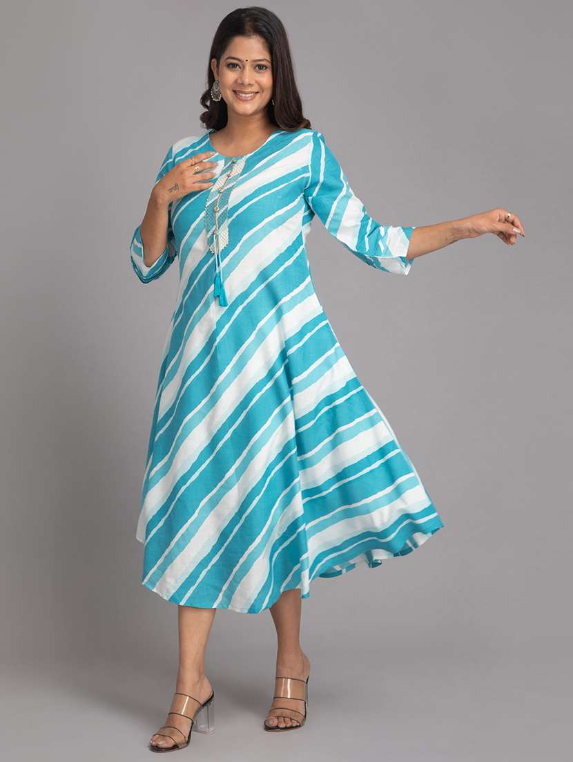 women leheriya three quarter sleeve a-line ethnic dress