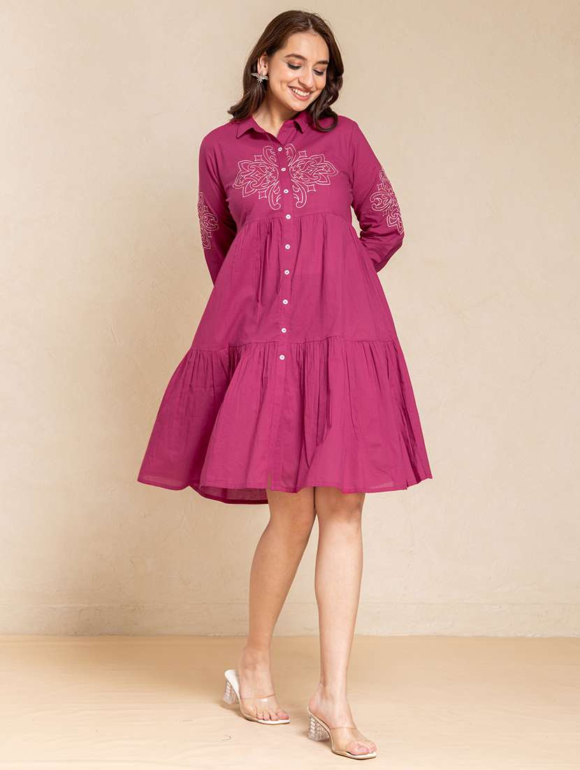 women solid with work three quarter sleeve tiered ethnic dress - 22358144 -  Standard Image - 3