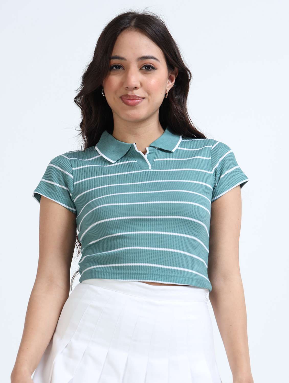 women striped short sleeve crop polo t-shirt