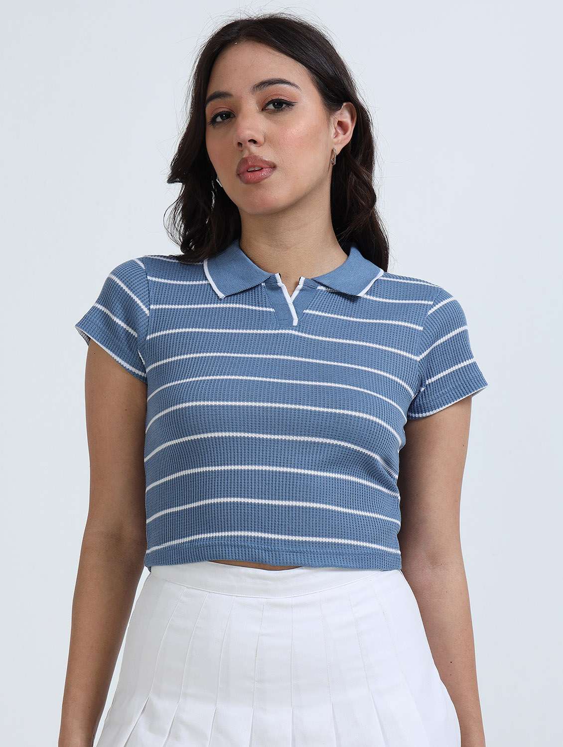 women striped short sleeve crop polo t-shirt