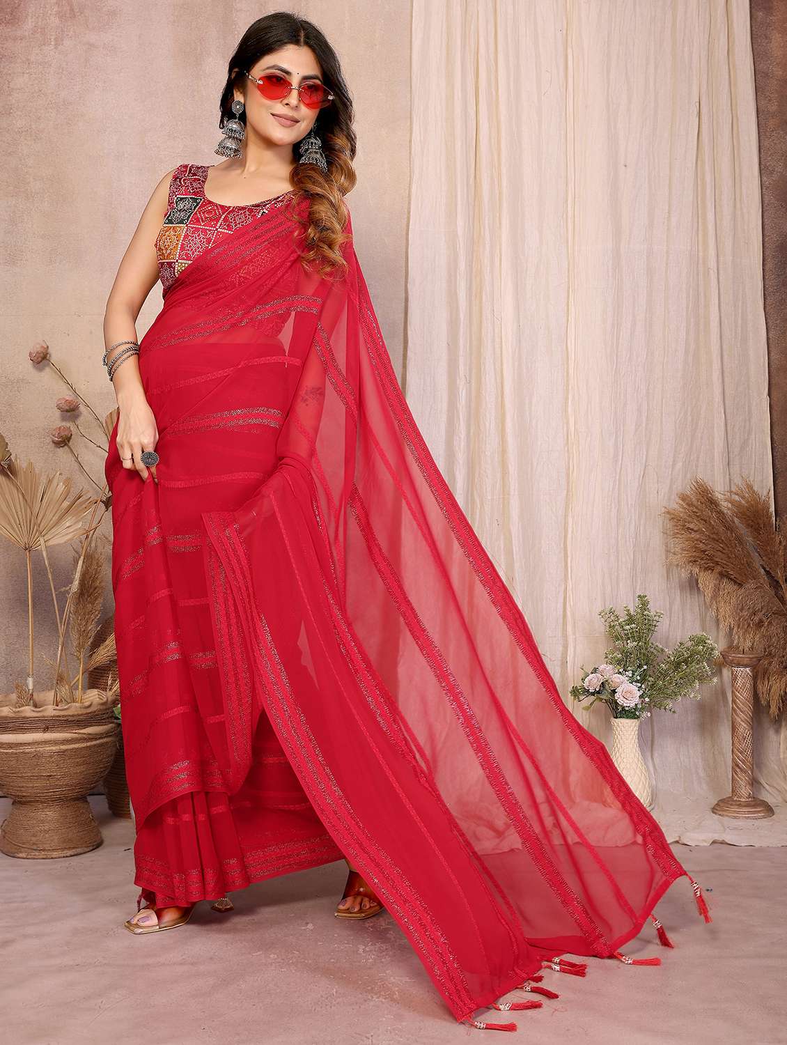 women striped embellished  saree with blouse - 22358160 -  Standard Image - 3