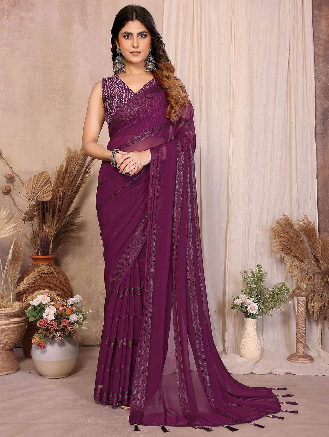 women striped embellished  saree with blouse