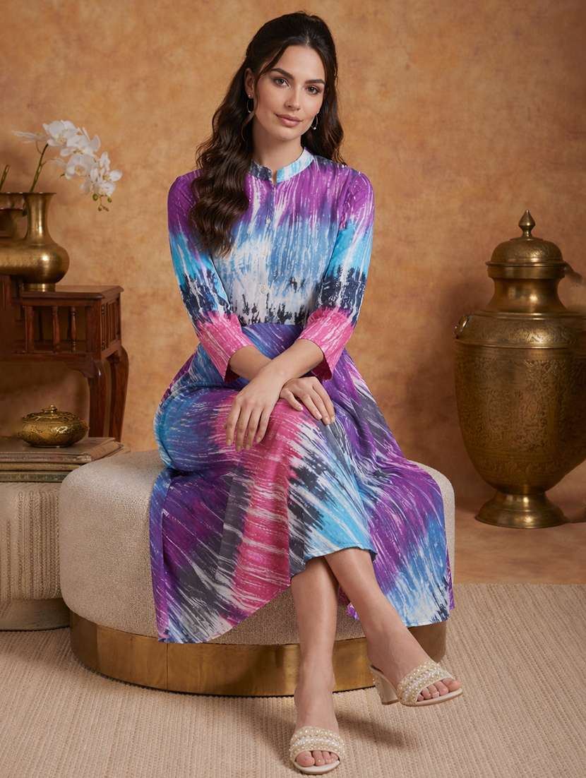 women printed three quarter sleeve fit & flare ethnic dress - 22358168 -  Standard Image - 3