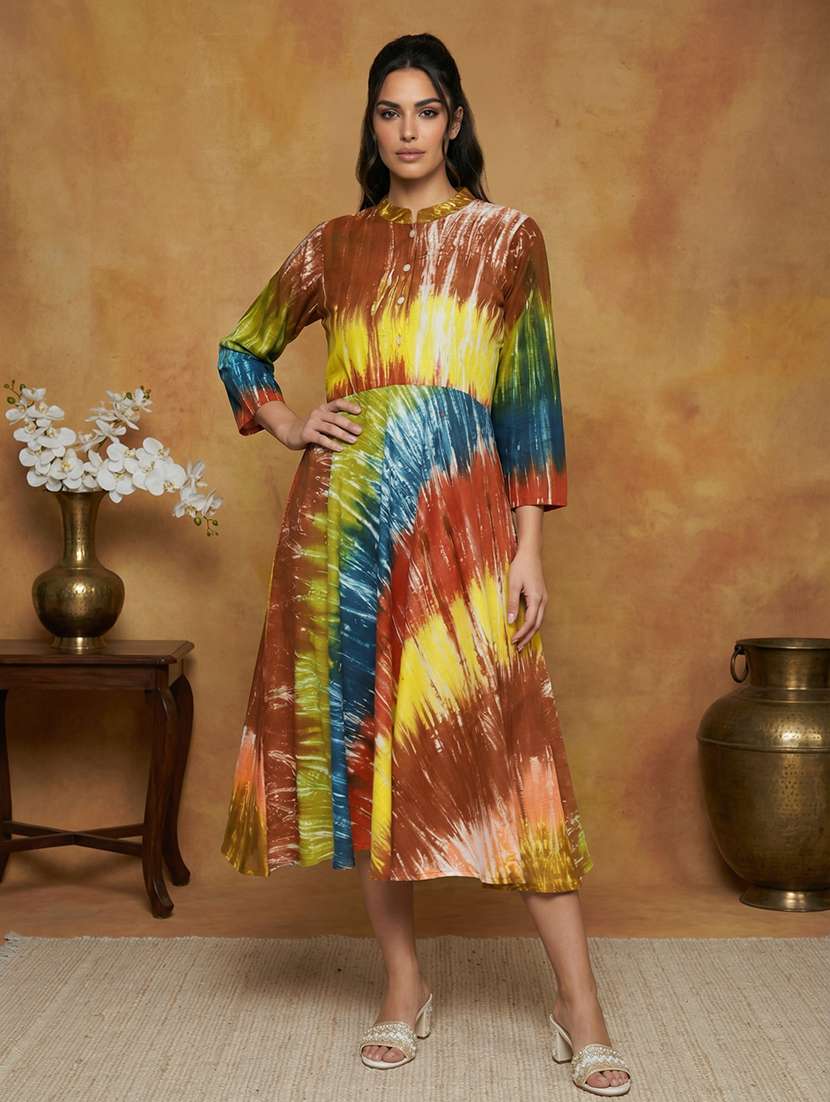 women printed three quarter sleeve fit & flare ethnic dress