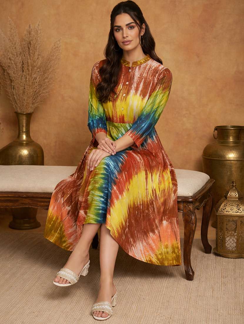 women printed three quarter sleeve fit & flare ethnic dress - 22358169 -  Standard Image - 3