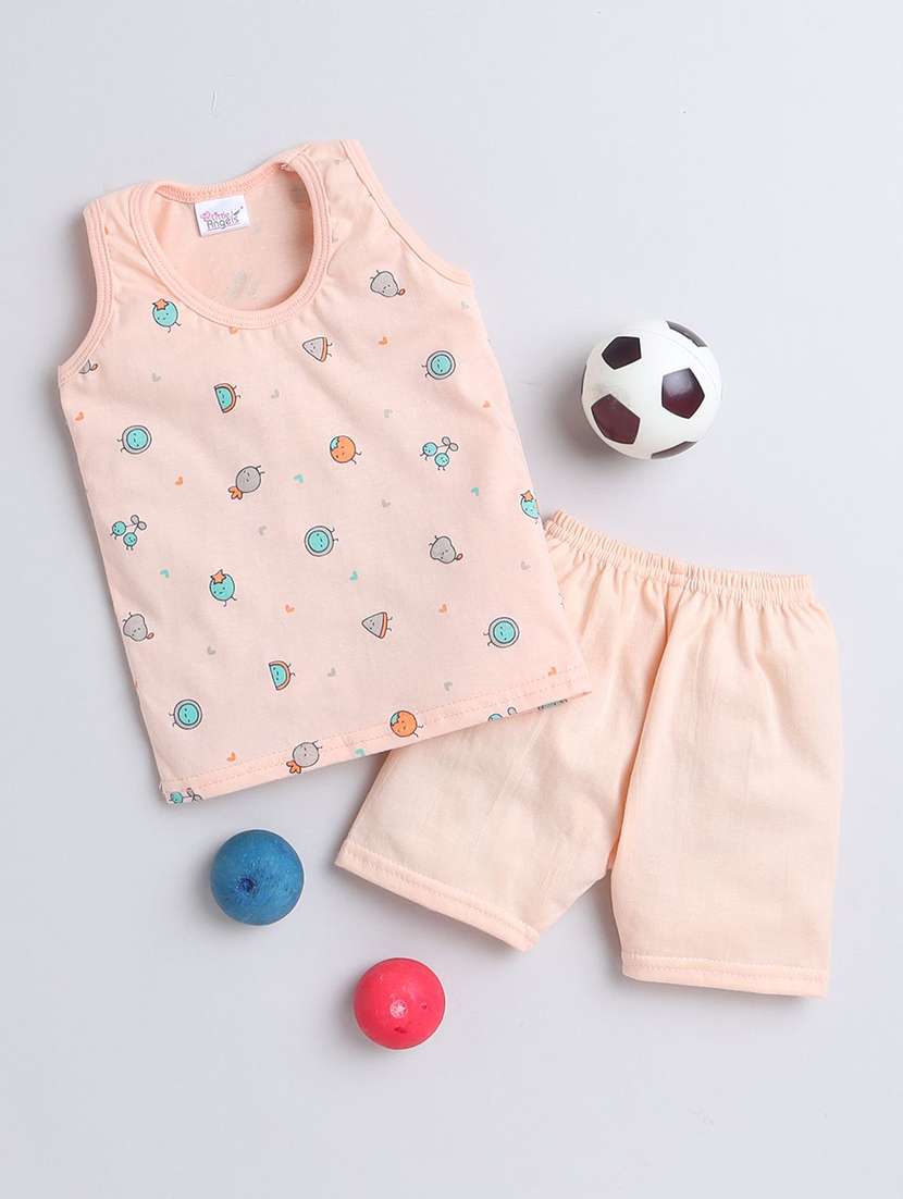 kids printed sleeveless vest and short set