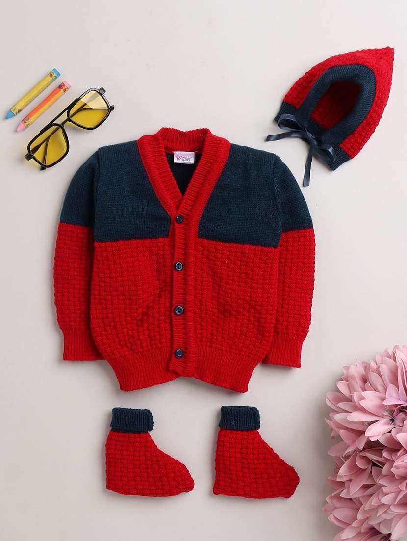 kids color blocked cardigan with woolen scoks & cap