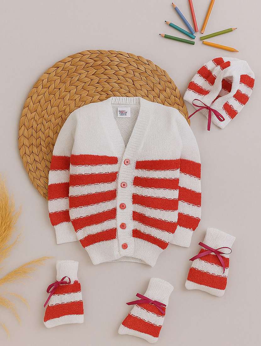 kids striped cardigan with woolen socks & cap