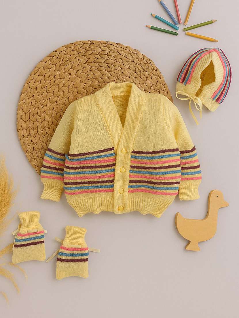 kids striped cardigan with woolen socks & cap
