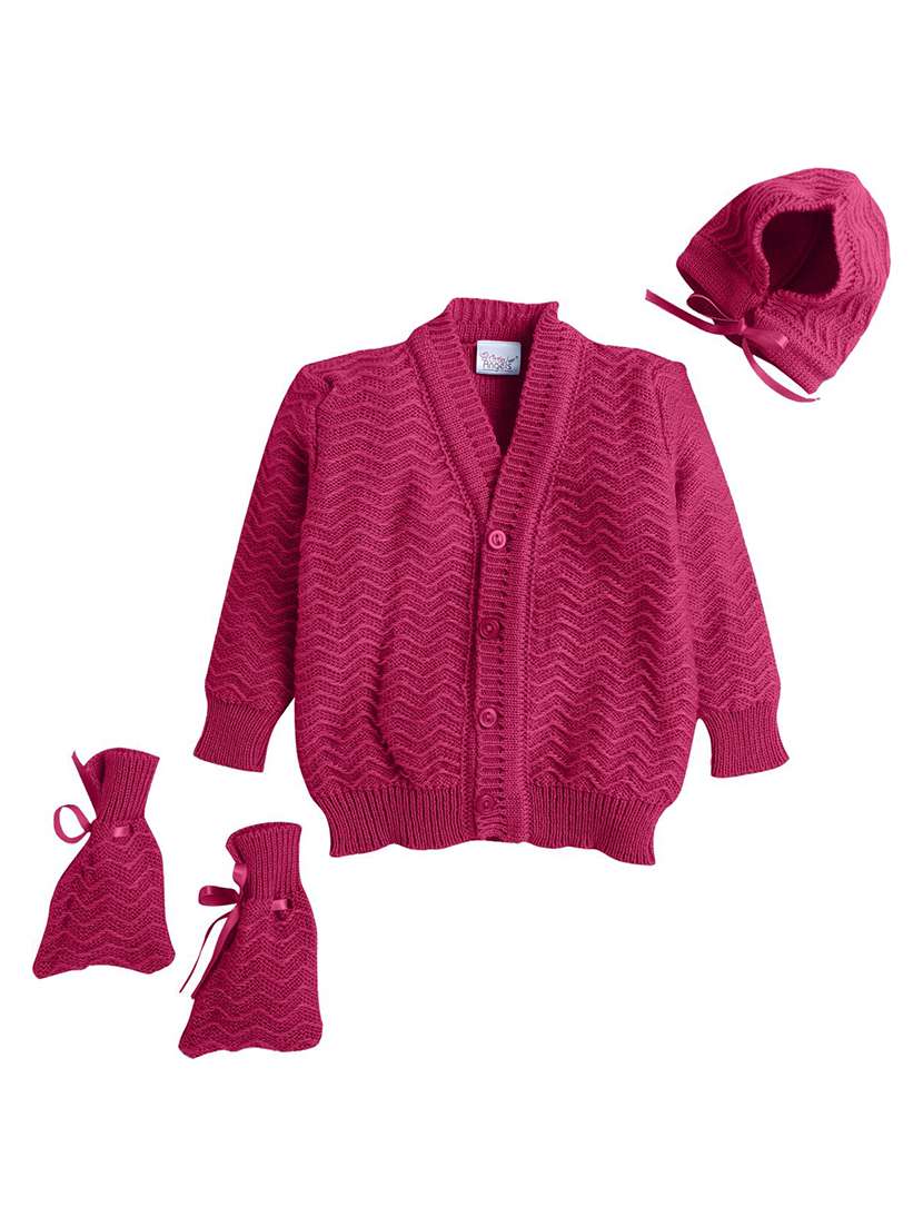 kids solid cardigan with woolen scoks & cap