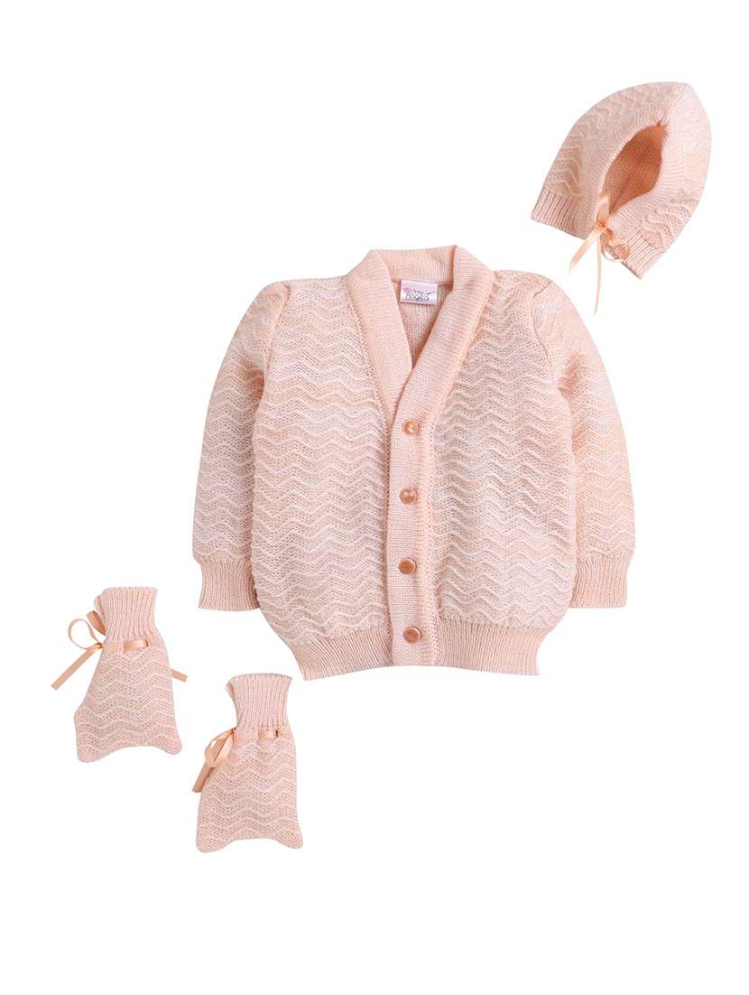 kids self design cardigan with woolen socks & cap