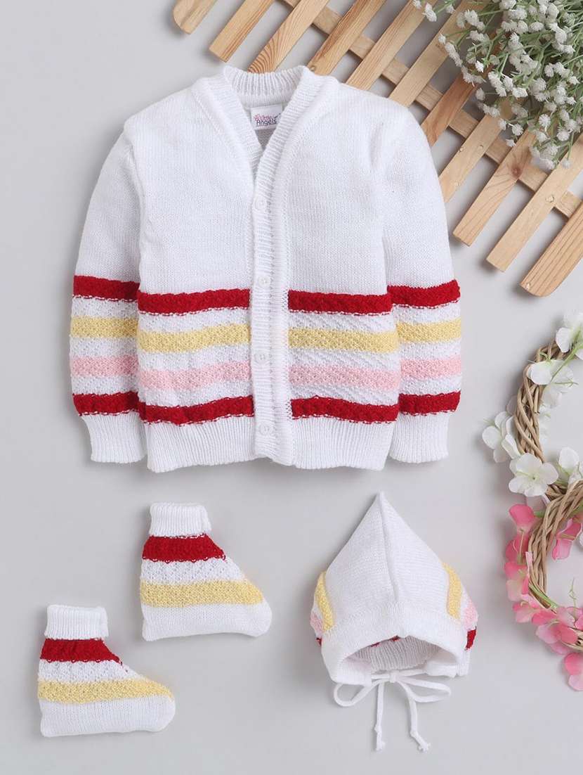 kids striped cardigan with woolen socks & cap