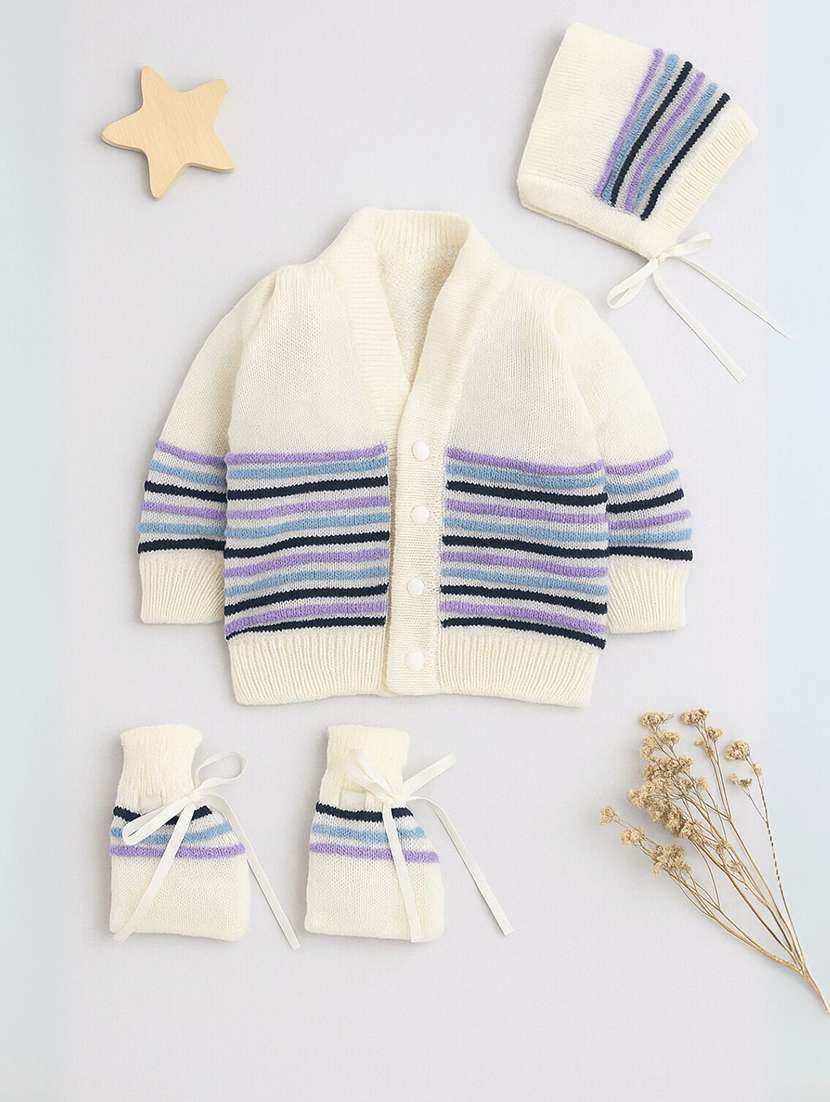 kids striped cardigan with woolen socks & cap