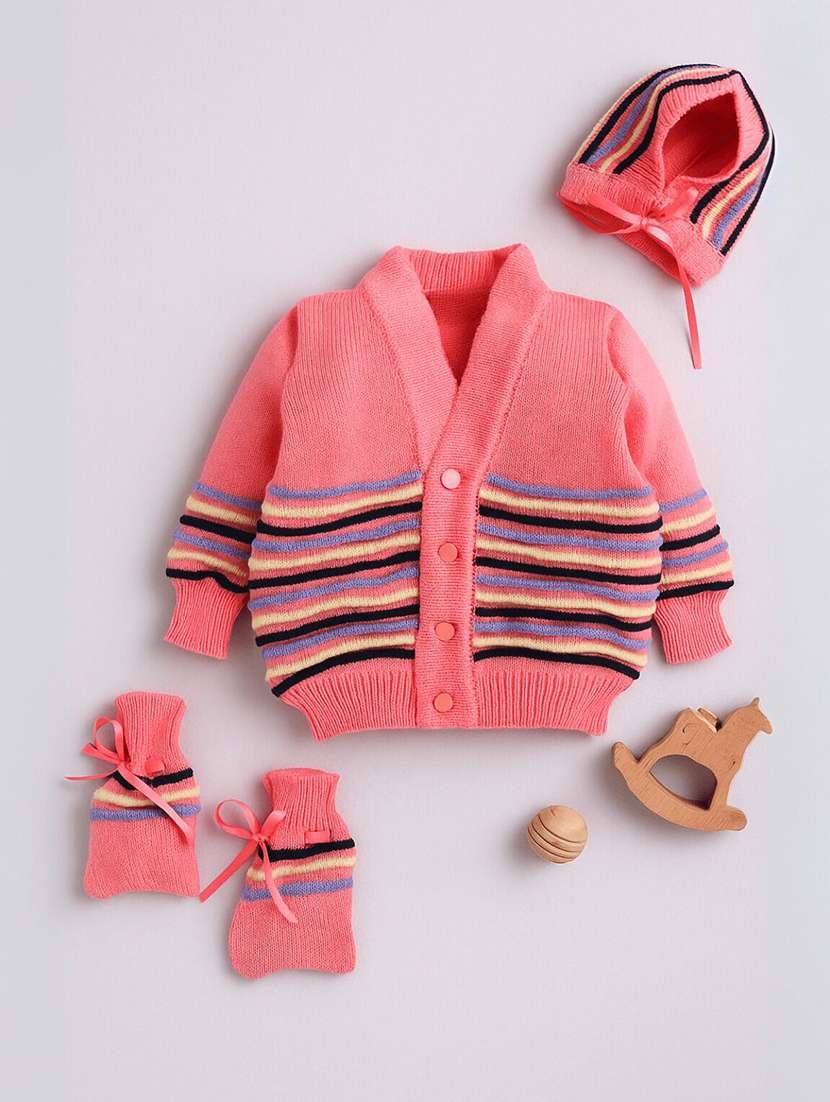 kids striped cardigan with woolen socks & cap