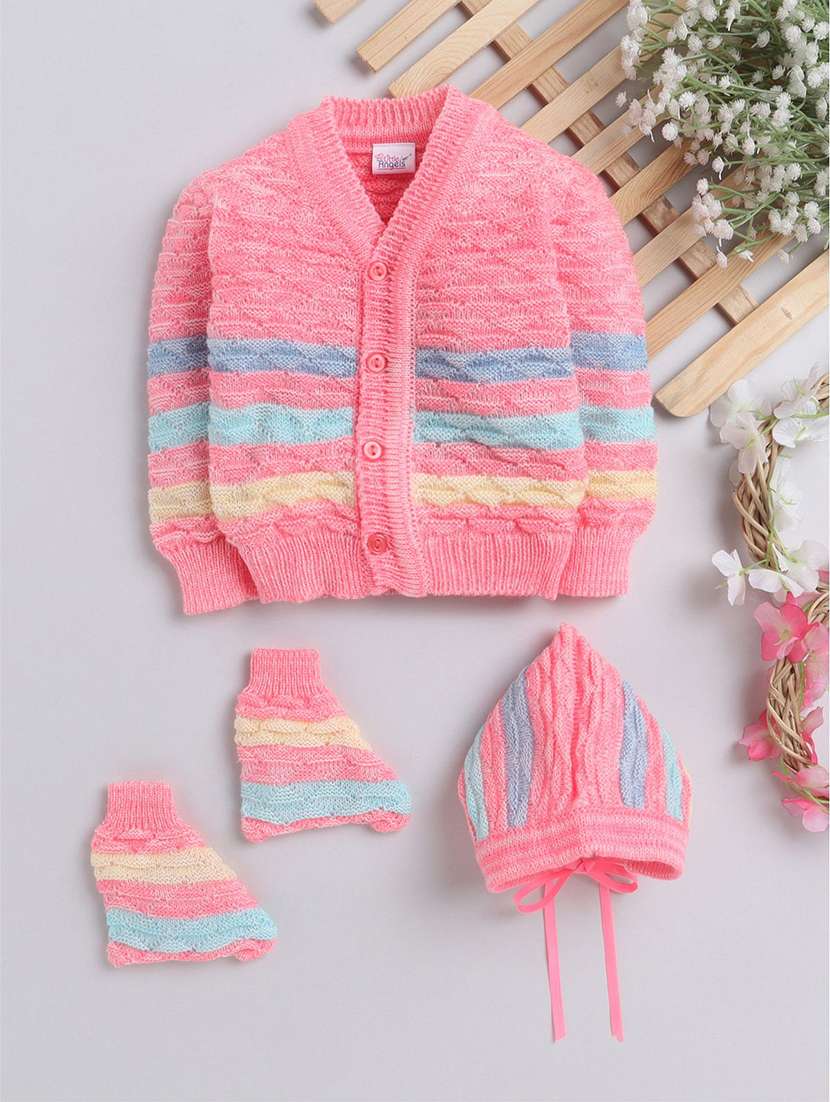 kids striped cardigan with woolen scoks & cap