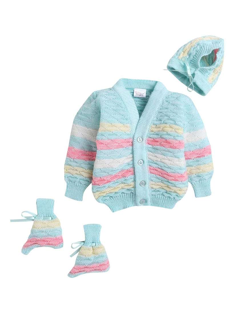kids striped cardigan with woolen scoks & cap
