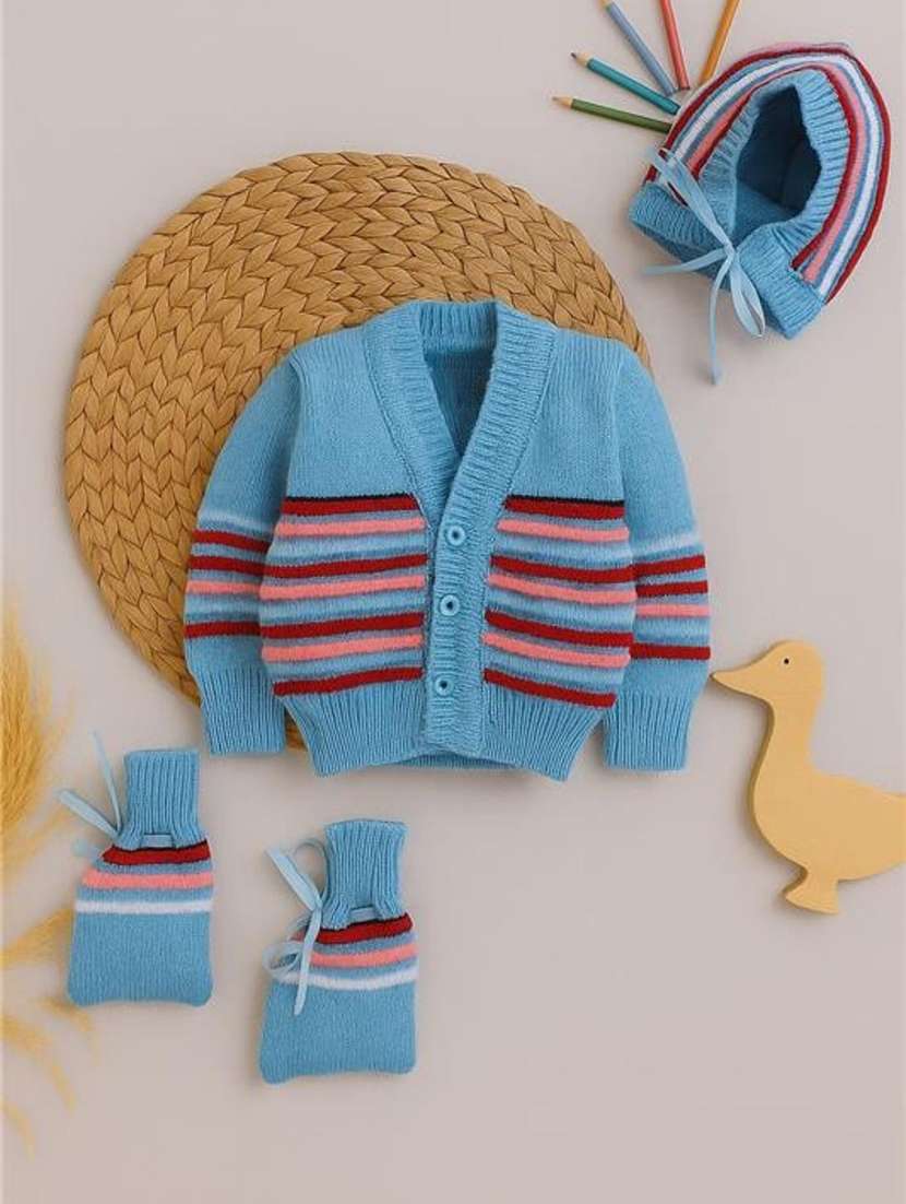 kids striped cardigan with woolen socks & cap