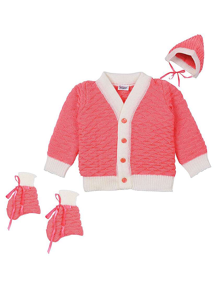 kids self design cardigan with woolen socks & cap