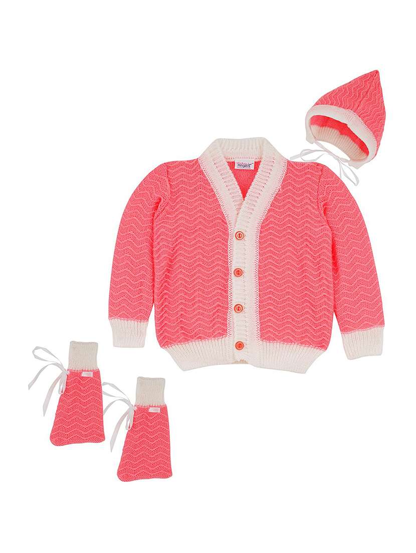 kids self design cardigan with woolen socks & cap