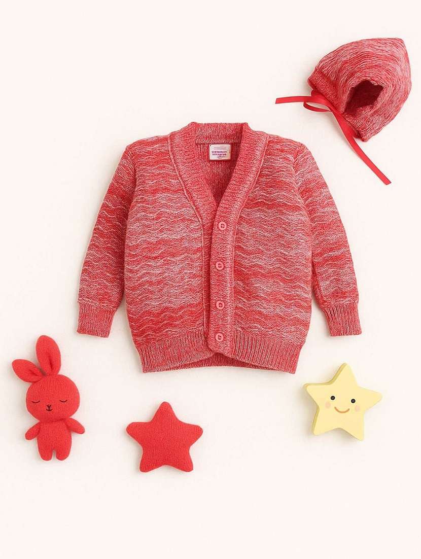 kids self designed cardigan with woolen cap