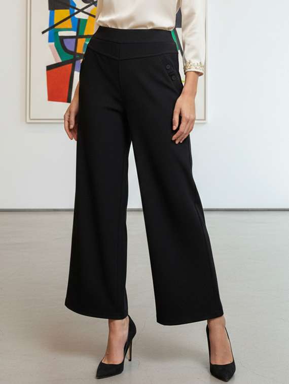 women solid high rise wide leg trouser