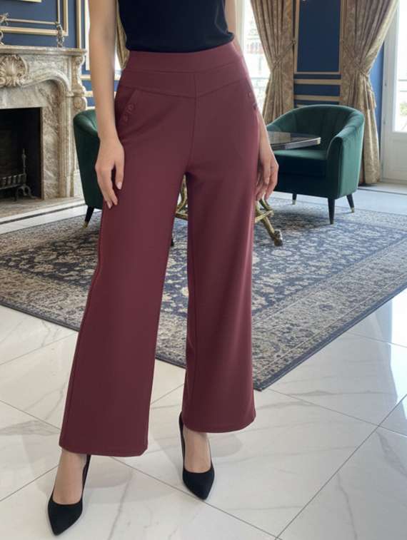 women solid high rise wide leg trouser