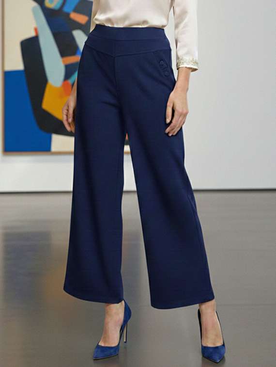 women solid high rise wide leg trouser